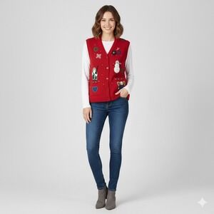 Woolrich Vest Womens Crimson Red 100% Wool Christmas Holidays Embroidered Sz‎ XL